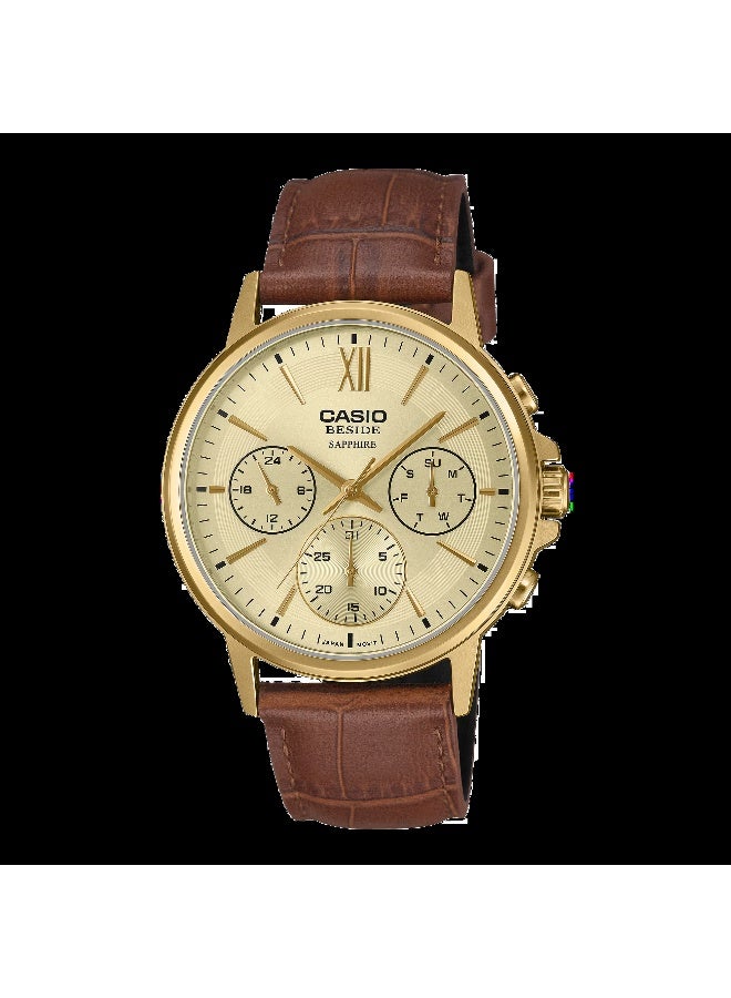 Beside Sapphire Glass Leather Strap Men's Wrist Watch - BMS-300GL-5AVDF - 40 mm